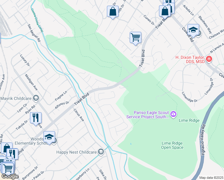 map of restaurants, bars, coffee shops, grocery stores, and more near 3566 Torino Way in Concord