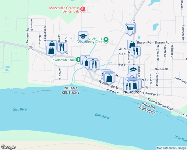 map of restaurants, bars, coffee shops, grocery stores, and more near 112 Washington Street in Newburgh