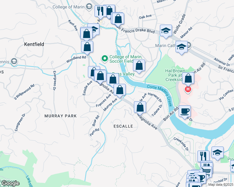 map of restaurants, bars, coffee shops, grocery stores, and more near 1000 Magnolia Avenue in Larkspur
