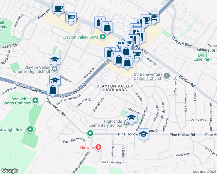 map of restaurants, bars, coffee shops, grocery stores, and more near 5470 Roundtree Drive in Concord