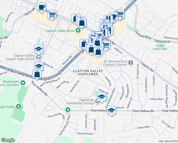 map of restaurants, bars, coffee shops, grocery stores, and more near 5492 Roundtree Drive in Concord