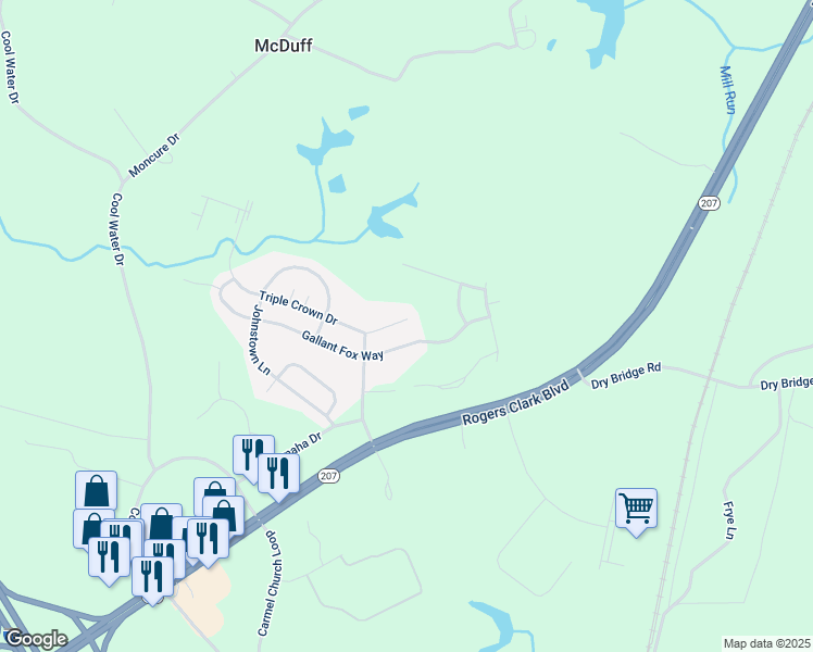 map of restaurants, bars, coffee shops, grocery stores, and more near 23342 Triple Crown Drive in Ruther Glen