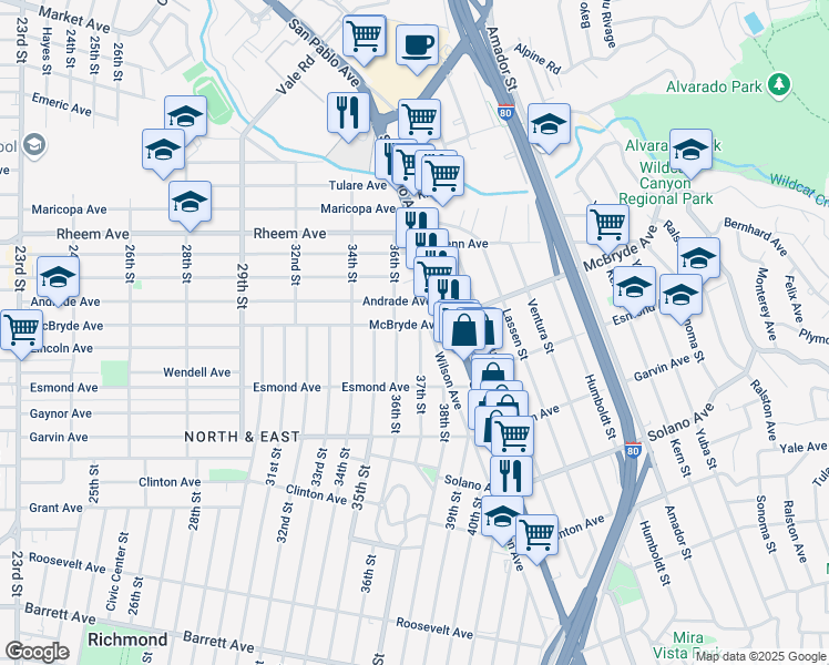map of restaurants, bars, coffee shops, grocery stores, and more near 3612 McBryde Avenue in Richmond