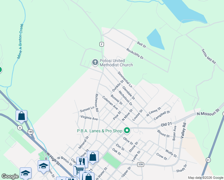 map of restaurants, bars, coffee shops, grocery stores, and more near 702 Nicholson Drive in Potosi