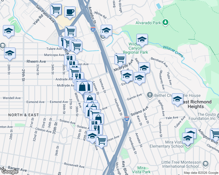 map of restaurants, bars, coffee shops, grocery stores, and more near 919 Humboldt Street in Richmond