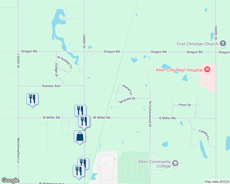 map of restaurants, bars, coffee shops, grocery stores, and more near 308 McGuire Drive in Iola