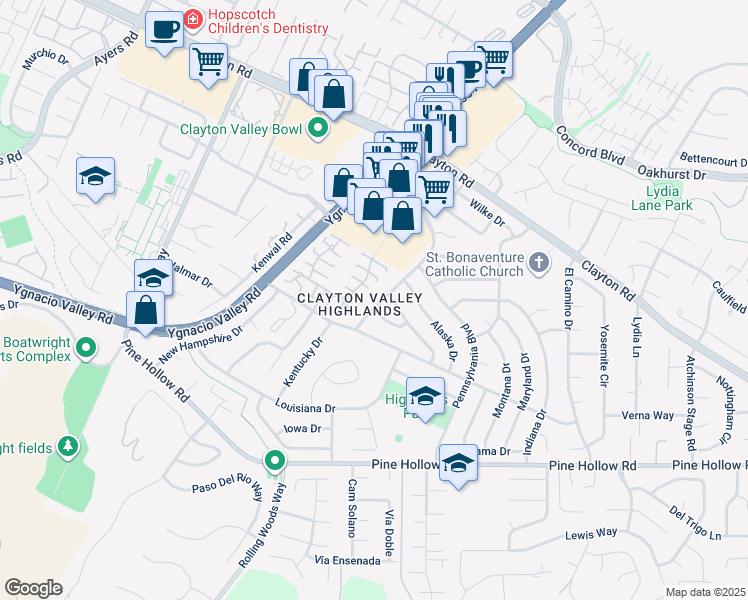 map of restaurants, bars, coffee shops, grocery stores, and more near 1368 Washington Boulevard in Concord