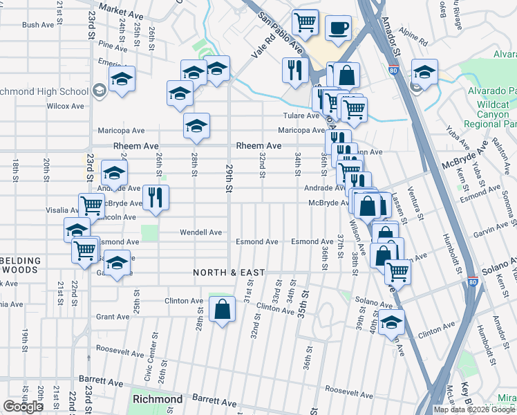 map of restaurants, bars, coffee shops, grocery stores, and more near 996 31st Street in Richmond