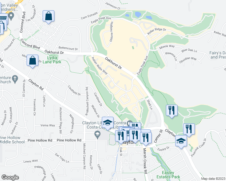 map of restaurants, bars, coffee shops, grocery stores, and more near 628 Julpun Loop in Clayton
