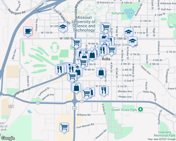 map of restaurants, bars, coffee shops, grocery stores, and more near 309 Park Street in Rolla