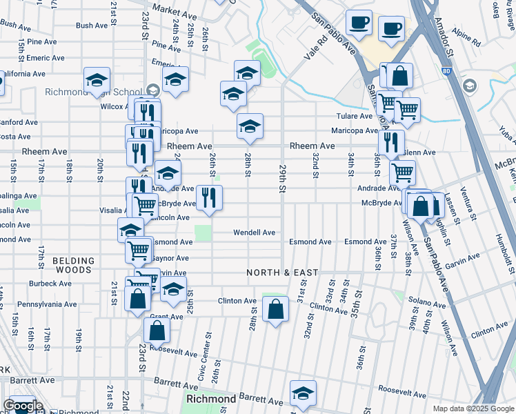 map of restaurants, bars, coffee shops, grocery stores, and more near 2840 McBryde Avenue in Richmond