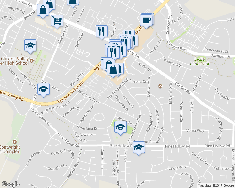map of restaurants, bars, coffee shops, grocery stores, and more near 5503 Nebraska Drive in Concord