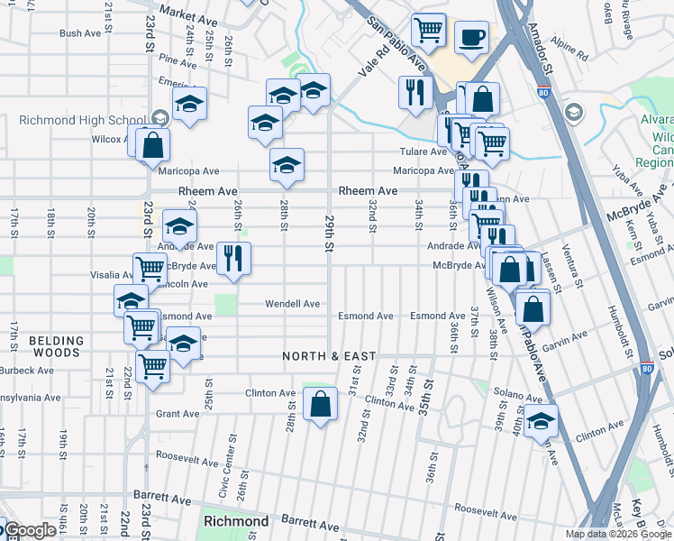 map of restaurants, bars, coffee shops, grocery stores, and more near 2908 McBryde Avenue in Richmond