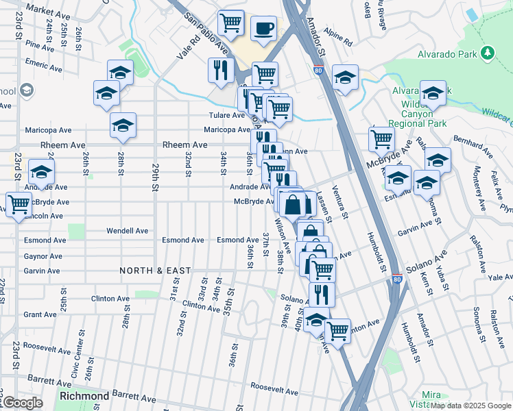 map of restaurants, bars, coffee shops, grocery stores, and more near 3612 McBryde Avenue in Richmond