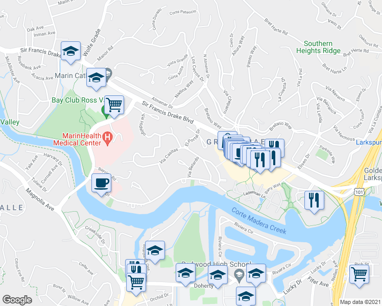 map of restaurants, bars, coffee shops, grocery stores, and more near 343 Vía Casitas in Larkspur