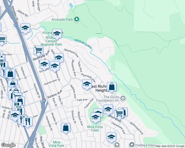 map of restaurants, bars, coffee shops, grocery stores, and more near 6127 Plymouth Avenue in Richmond