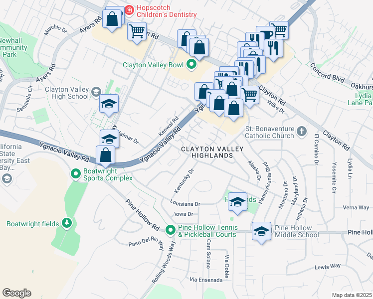 map of restaurants, bars, coffee shops, grocery stores, and more near 5458 Roundtree Place in Concord