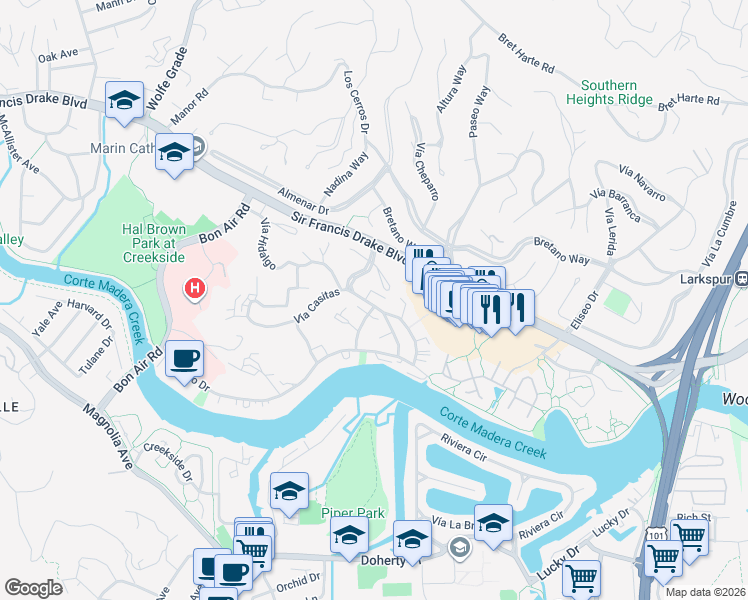 map of restaurants, bars, coffee shops, grocery stores, and more near 343 Vía Casitas in Larkspur