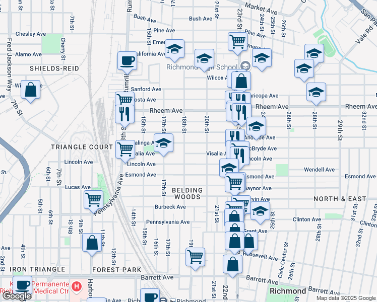 map of restaurants, bars, coffee shops, grocery stores, and more near 1811 Visalia Avenue in Richmond