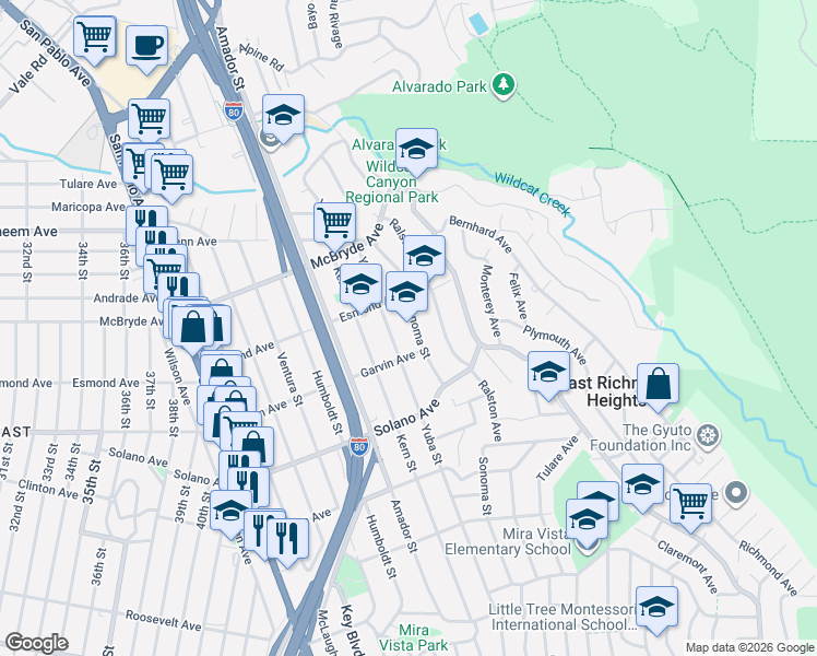 map of restaurants, bars, coffee shops, grocery stores, and more near 871 Sonoma Street in Richmond