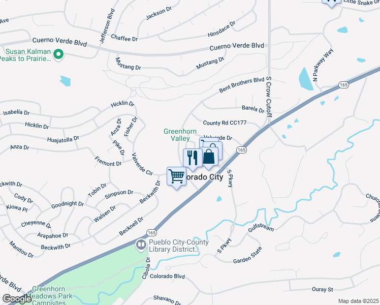 map of restaurants, bars, coffee shops, grocery stores, and more near 4423 Val Verde Court in Colorado City
