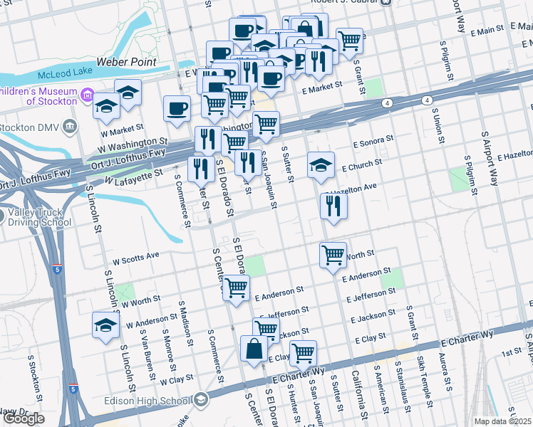 map of restaurants, bars, coffee shops, grocery stores, and more near 308 East Hazelton Avenue in Stockton