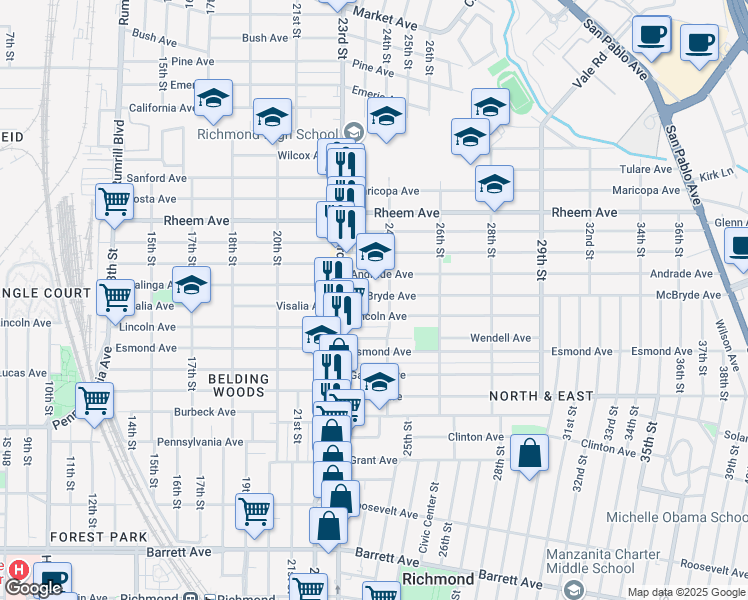 map of restaurants, bars, coffee shops, grocery stores, and more near 2358 McBryde Avenue in Richmond