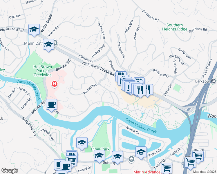 map of restaurants, bars, coffee shops, grocery stores, and more near 290 Vía Casitas in Larkspur