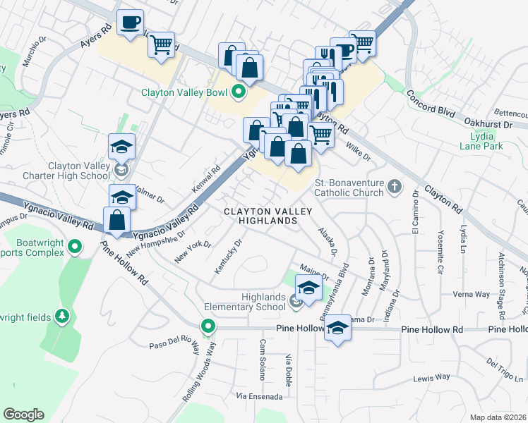 map of restaurants, bars, coffee shops, grocery stores, and more near 5470 Roundtree Drive in Concord
