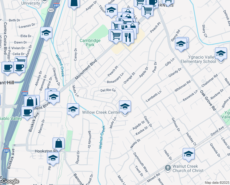 map of restaurants, bars, coffee shops, grocery stores, and more near 1477 Del Rio Circle in Concord