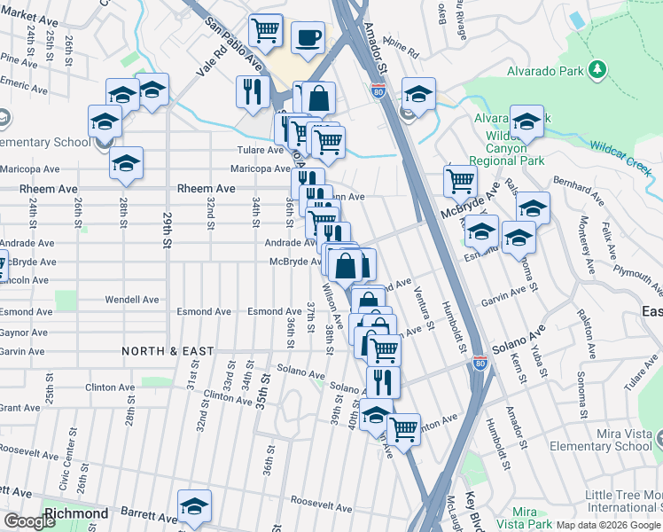 map of restaurants, bars, coffee shops, grocery stores, and more near 12891 San Pablo Avenue in Richmond