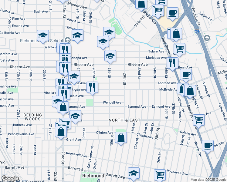 map of restaurants, bars, coffee shops, grocery stores, and more near 2840 McBryde Avenue in Richmond