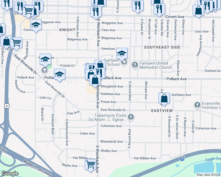 map of restaurants, bars, coffee shops, grocery stores, and more near 2037 Margybeth Avenue in Evansville