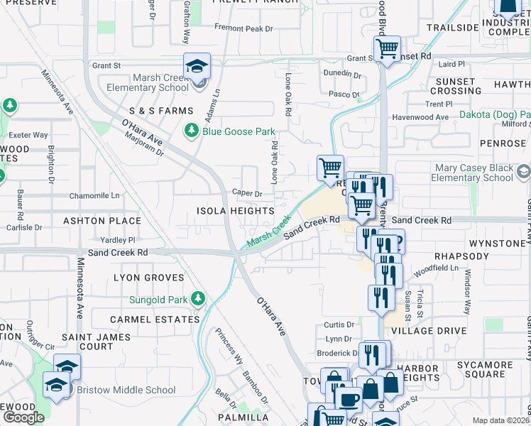 map of restaurants, bars, coffee shops, grocery stores, and more near 421 Lone Oak Court in Brentwood