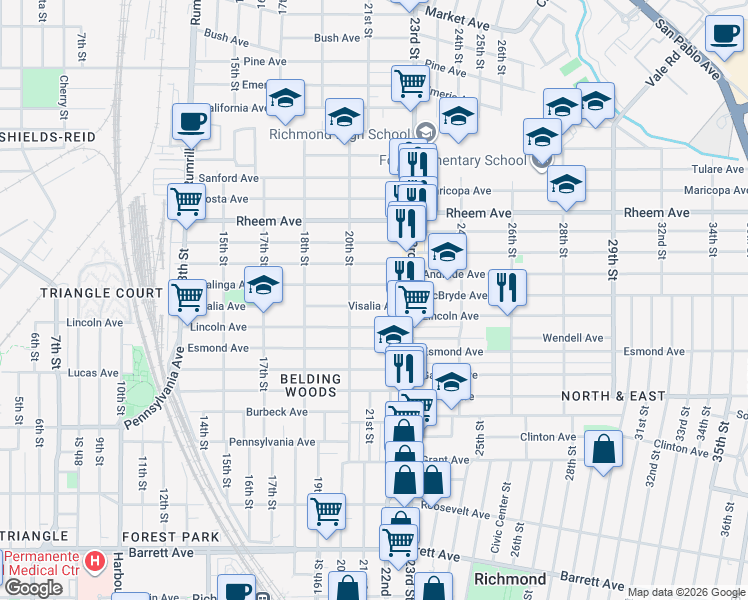 map of restaurants, bars, coffee shops, grocery stores, and more near 2103 Visalia Avenue in Richmond