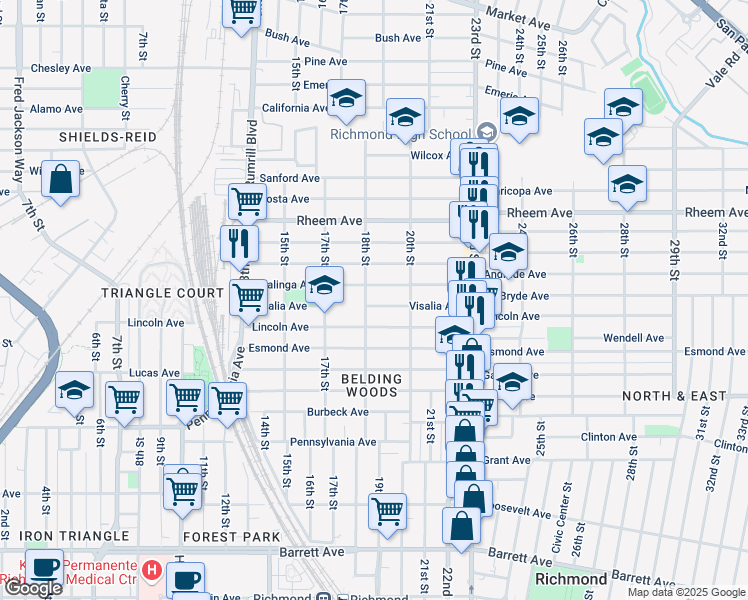 map of restaurants, bars, coffee shops, grocery stores, and more near 1811 Visalia Avenue in Richmond