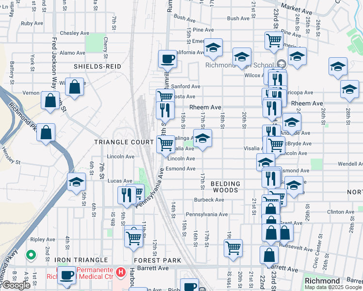 map of restaurants, bars, coffee shops, grocery stores, and more near 1537 Coalinga Avenue in Richmond