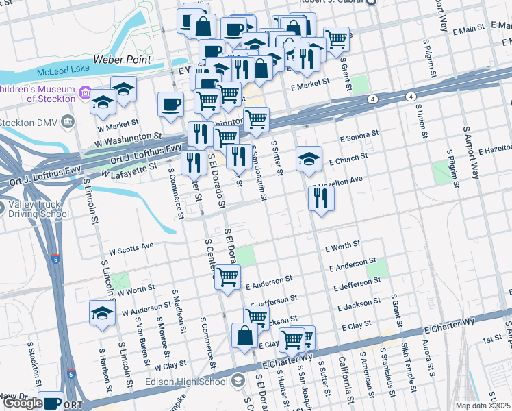map of restaurants, bars, coffee shops, grocery stores, and more near 308 East Hazelton Avenue in Stockton