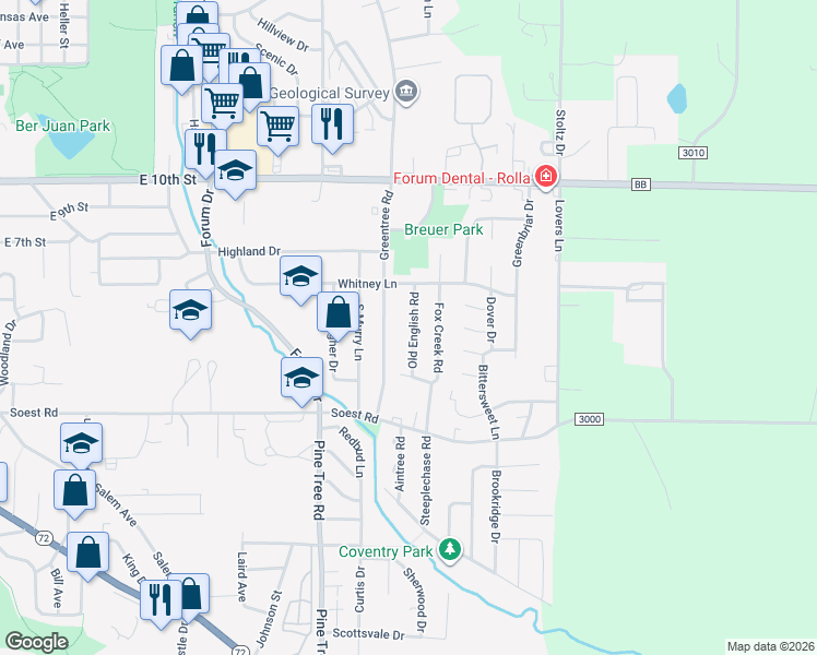 map of restaurants, bars, coffee shops, grocery stores, and more near 305 Old English Road in Rolla