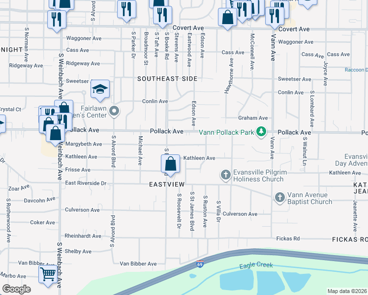map of restaurants, bars, coffee shops, grocery stores, and more near 2509 Margybeth Avenue in Evansville