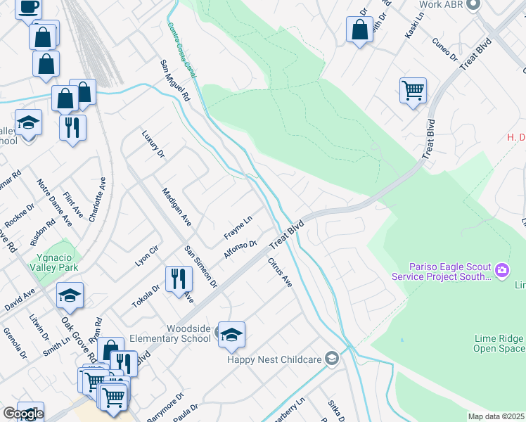 map of restaurants, bars, coffee shops, grocery stores, and more near 819 San Miguel Road in Concord