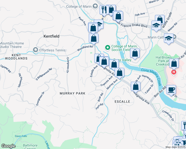 map of restaurants, bars, coffee shops, grocery stores, and more near 41 Estelle Avenue in Larkspur