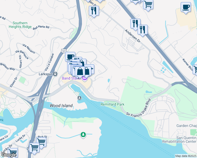 map of restaurants, bars, coffee shops, grocery stores, and more near 2 Drake's Way in Larkspur