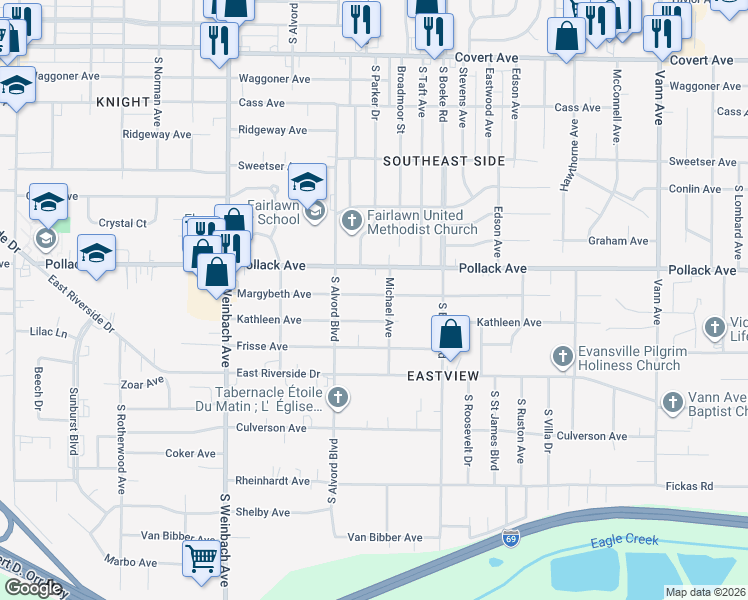 map of restaurants, bars, coffee shops, grocery stores, and more near 2229 Margybeth Avenue in Evansville