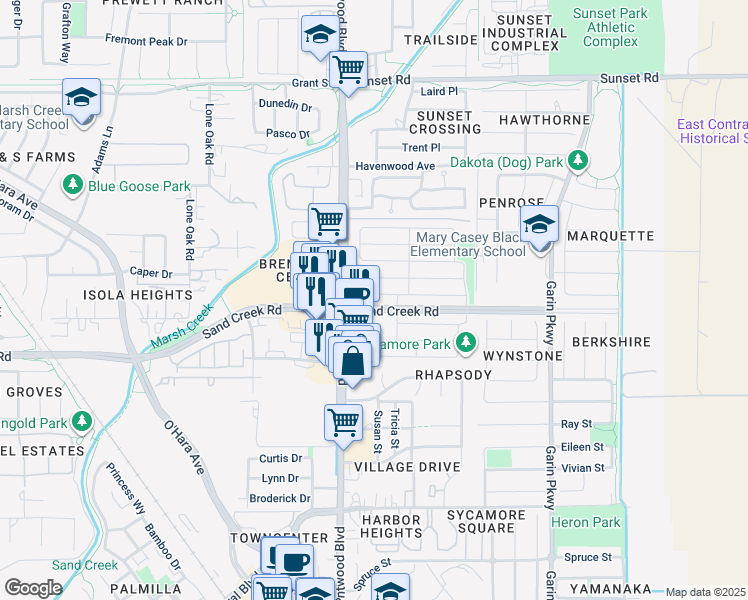 map of restaurants, bars, coffee shops, grocery stores, and more near 158 Wooley Creek Way in Brentwood