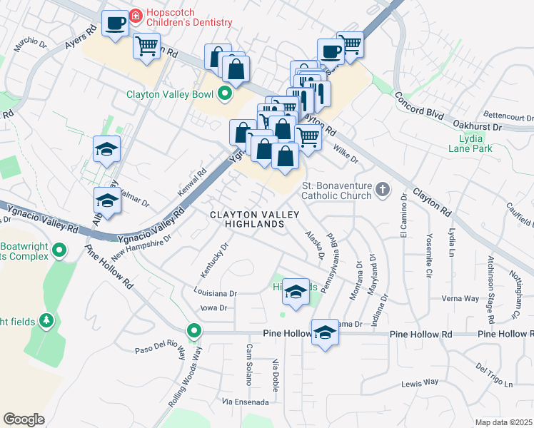 map of restaurants, bars, coffee shops, grocery stores, and more near 1370 Washington Boulevard in Concord