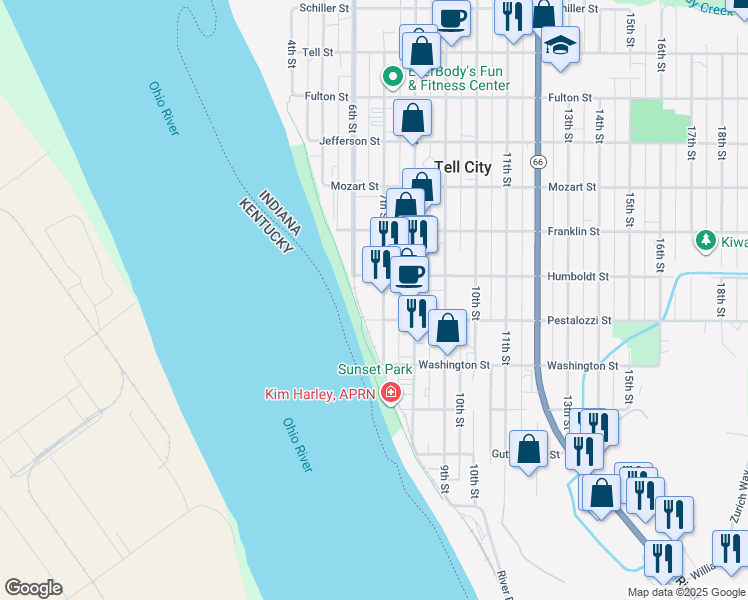 map of restaurants, bars, coffee shops, grocery stores, and more near 421 7th Street in Tell City