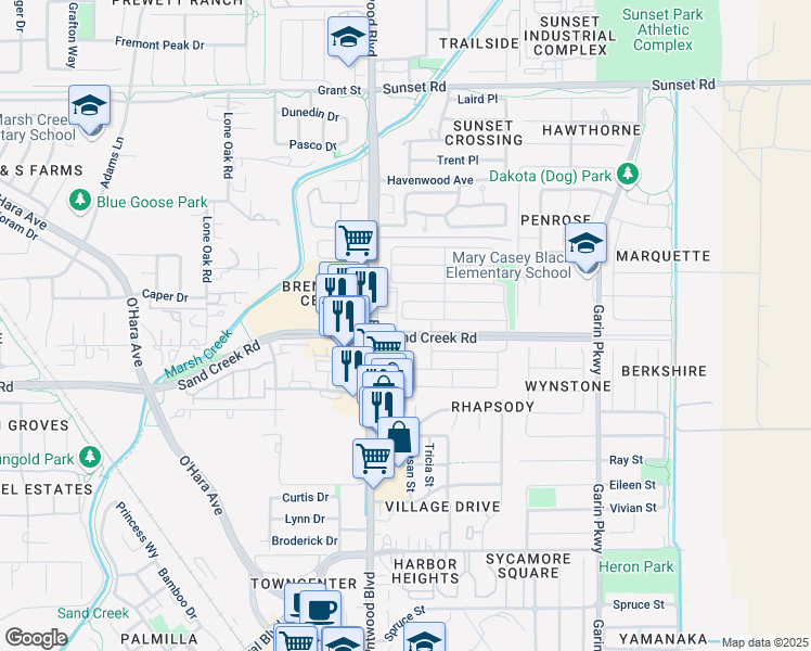 map of restaurants, bars, coffee shops, grocery stores, and more near 158 Wooley Creek Way in Brentwood