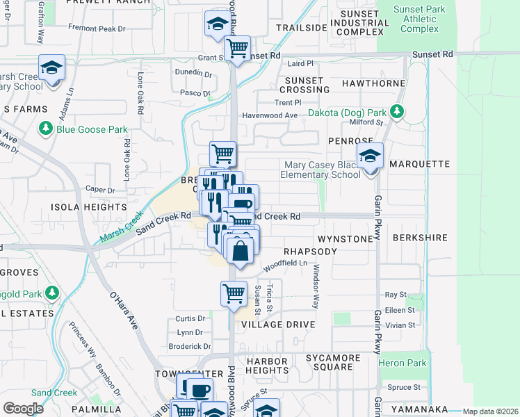 map of restaurants, bars, coffee shops, grocery stores, and more near 166 Wooley Creek Way in Brentwood