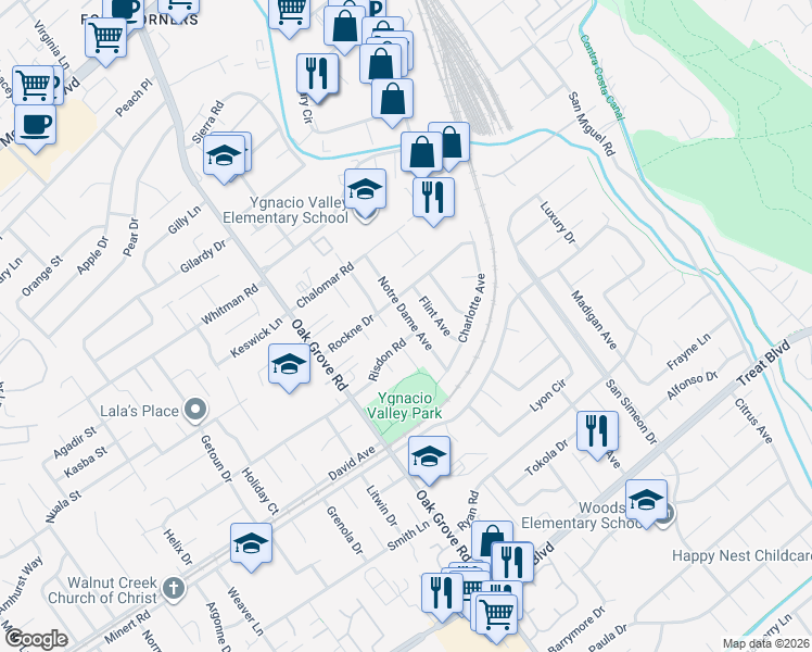 map of restaurants, bars, coffee shops, grocery stores, and more near 927 Notre Dame Avenue in Concord